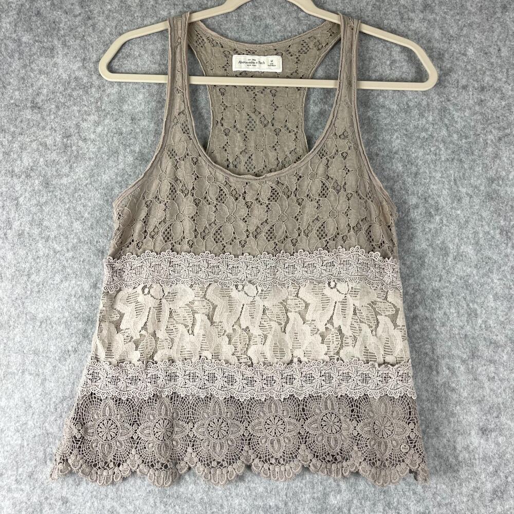 VTG Abercrombie Fitch Crochet Top Womens Medium Beige Lace Sheer Whimsy Y2K 90s